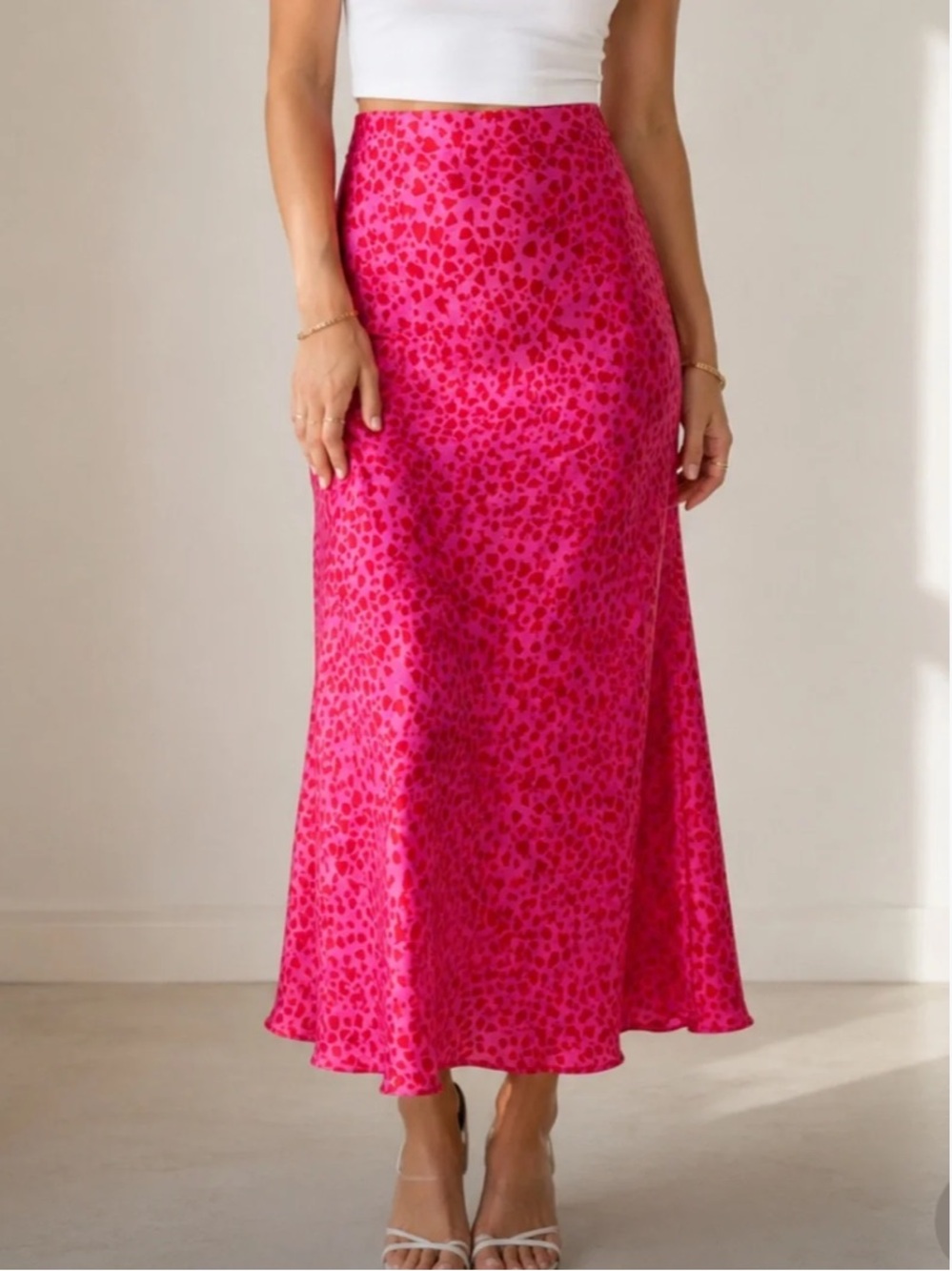 Loft Hot Pink Heart Jacquard Satin Bias Midi Skirt NWT Medium